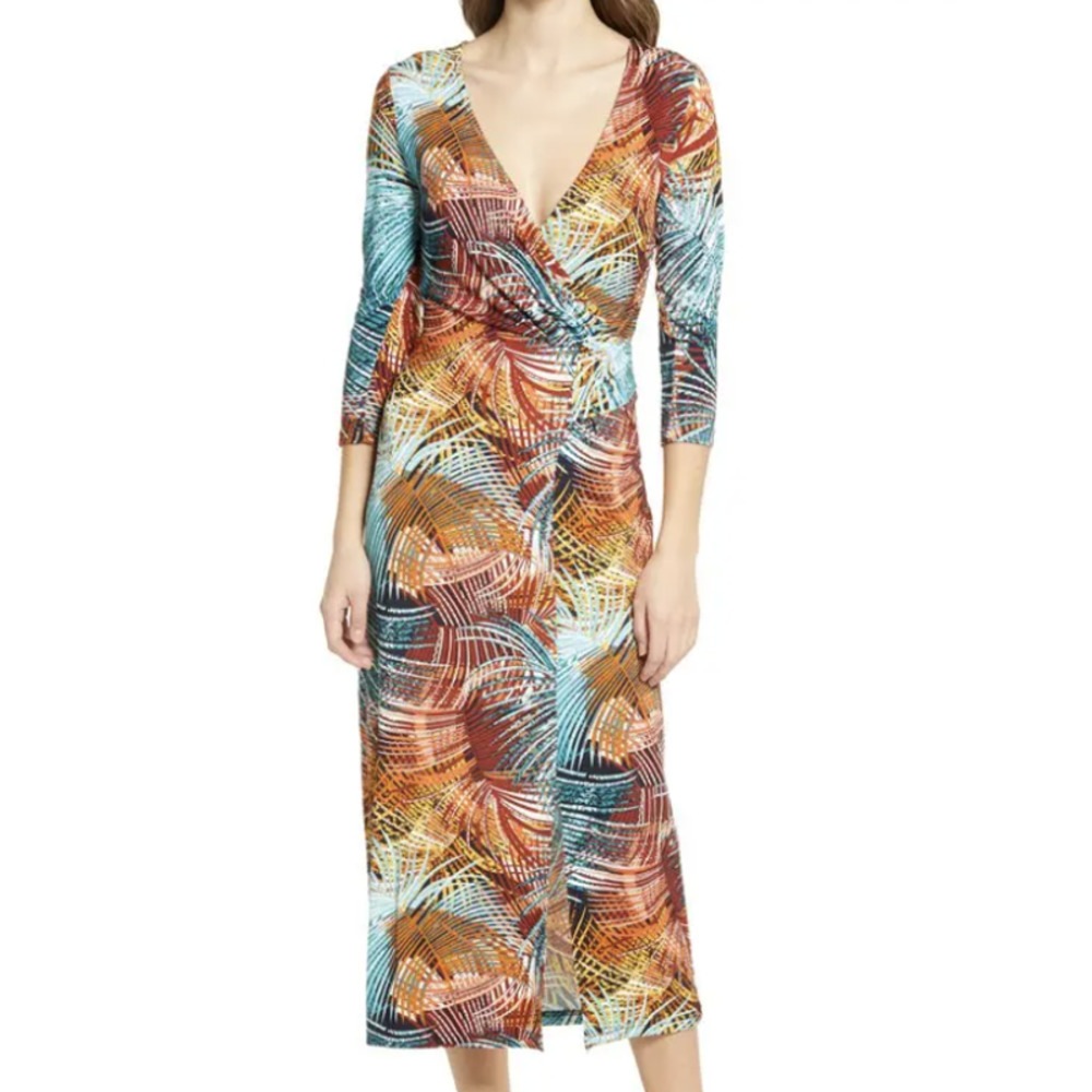 Ilse Jacobsen Floral Print Faux Wrap Jersey Midi Dress​​​​​​​​​​​​